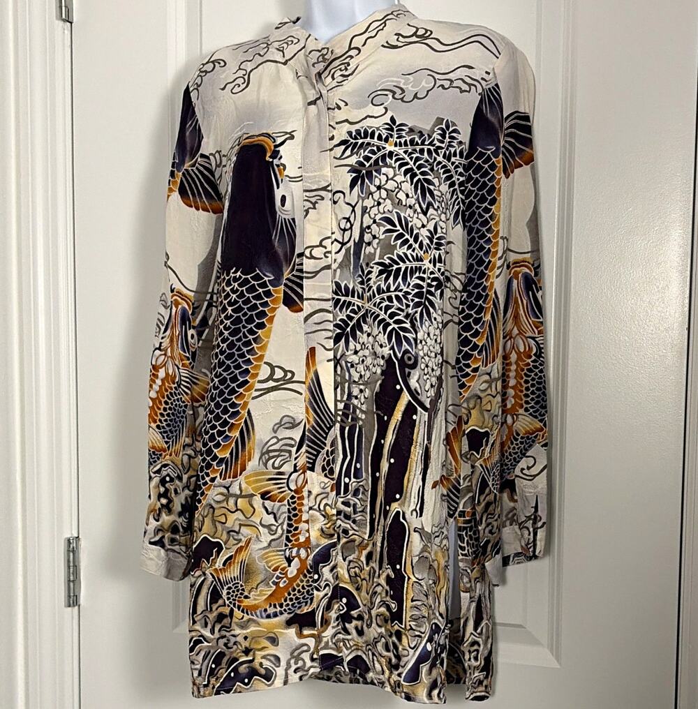 Vtg Citron Santa Monica 100% Silk Koi Wave Print top S Wearable Art Boho